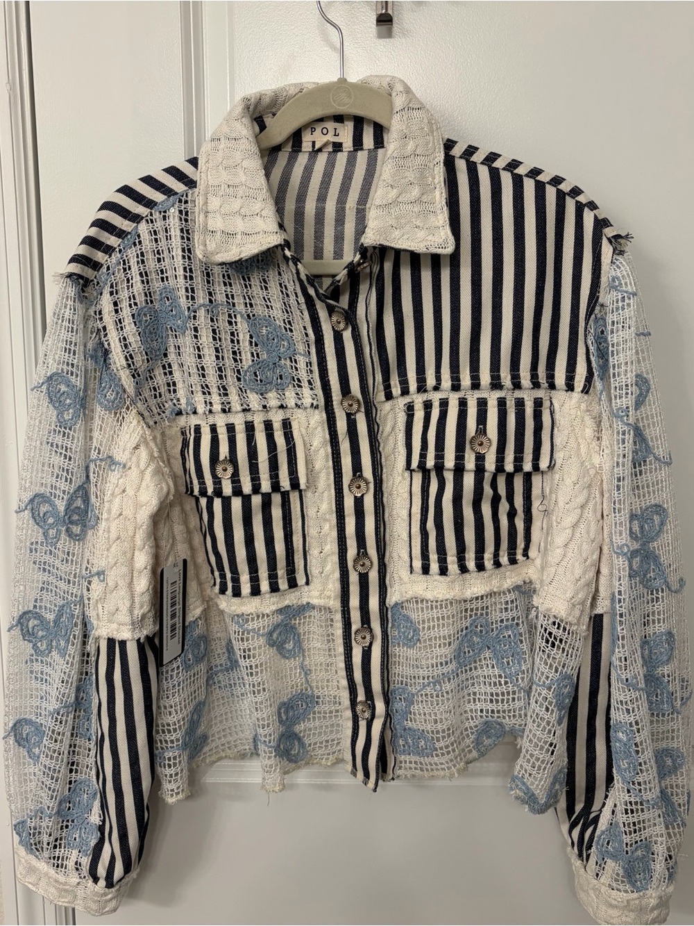 POL Striped & Lace-Embellished Jacket in Navy, Cream & Light Blue